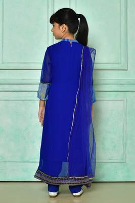 Blue embroidered faux georgette asymmetrical kids salwar suits 3
