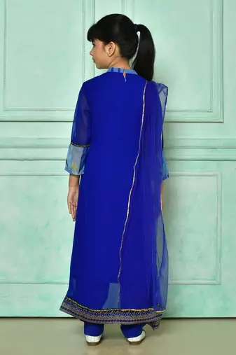 Blue embroidered faux georgette asymmetrical kids salwar suits