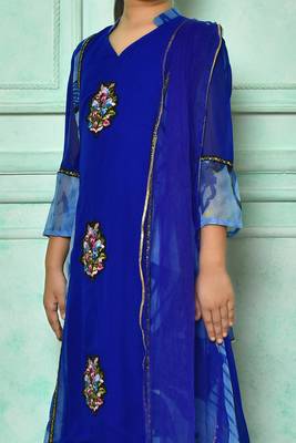 Blue embroidered faux georgette asymmetrical kids salwar suits 4