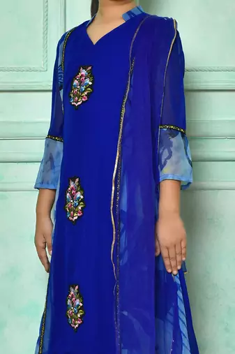 Blue embroidered faux georgette asymmetrical kids salwar suits