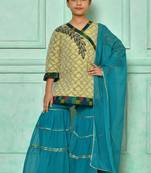 Beige embroidered banarasi silk straight cut kids salwar suits