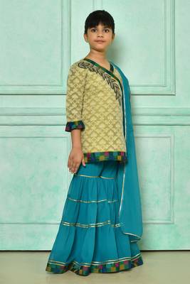 Beige embroidered banarasi silk straight cut kids salwar suits 2