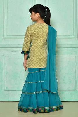Beige embroidered banarasi silk straight cut kids salwar suits 3