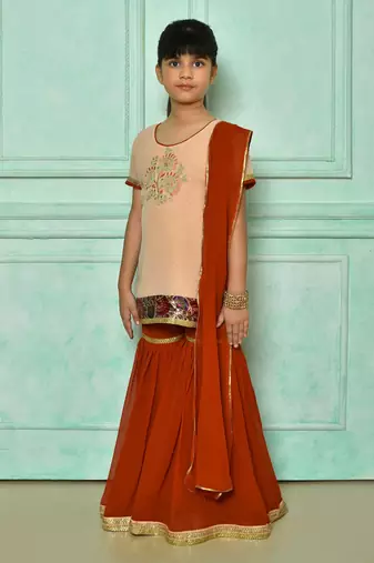 Pink embroidered net straight cut kids salwar suits