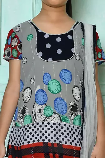 Grey embroidered faux georgette straight cut kids salwar suits