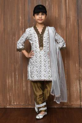 White embroidered cotton straight cut kids salwar suits 1