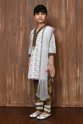 White embroidered cotton straight cut kids salwar suits 2