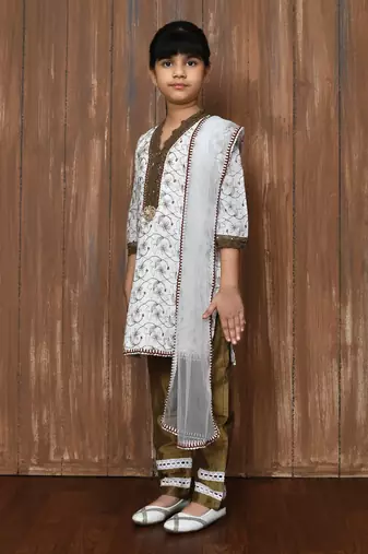 White embroidered cotton straight cut kids salwar suits