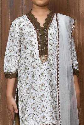 White embroidered cotton straight cut kids salwar suits 4