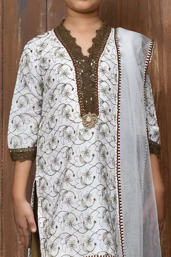 White embroidered cotton straight cut kids salwar suits