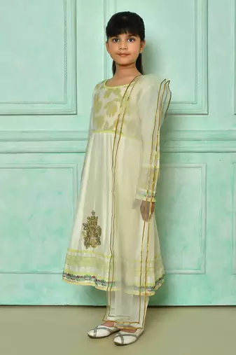 White embroidered cotton a line kids salwar suits