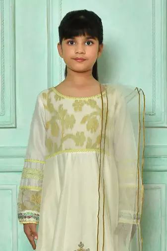 White embroidered cotton a line kids salwar suits