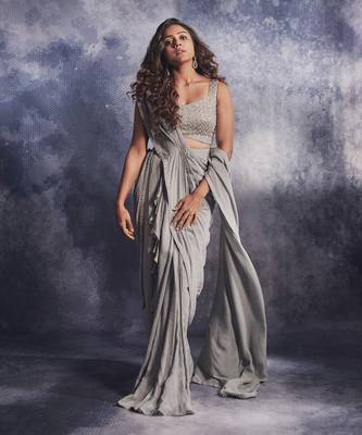 Smoke grey pre draped saree set 1