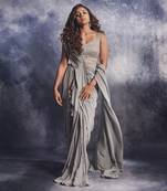 Smoke grey pre draped saree set