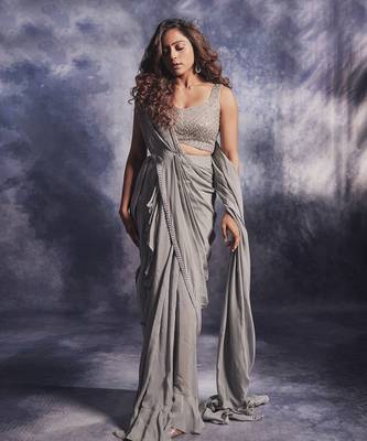 Smoke grey pre draped saree set 2