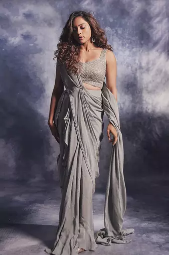 Smoke grey pre draped saree set