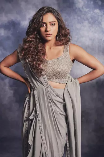 Smoke grey pre draped saree set