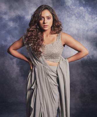 Smoke grey pre draped saree set 4