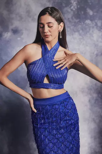 Azure blue embroidered skirt set