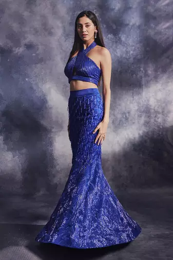 Azure blue embroidered skirt set