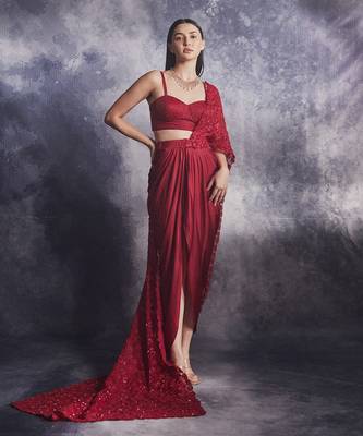 Scarlet red draped skirt set 1
