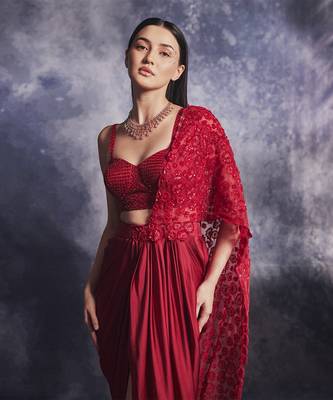 Scarlet red draped skirt set 2