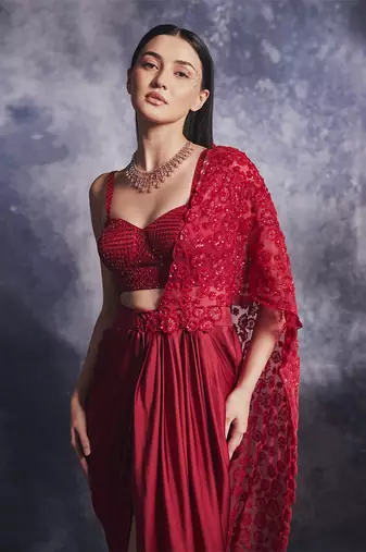 Scarlet red draped skirt set