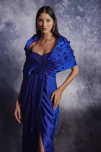 Azure blue embroidered gown set