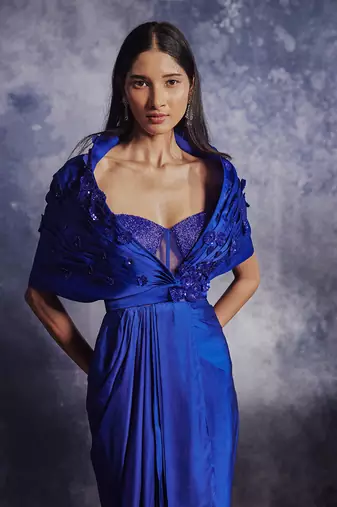 Azure blue embroidered gown set