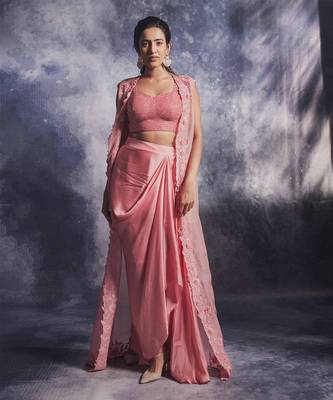 Rouge pink draped skirt - cape set 1