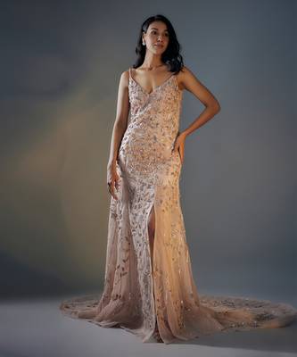 Rose gold embeoidered trail gown 1