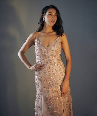 Rose gold embeoidered trail gown 2