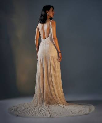 Beige embroidered trail gown with slit 3