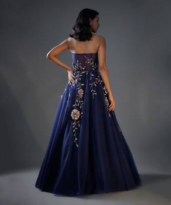 Navy blue 3d embroidered gown 3