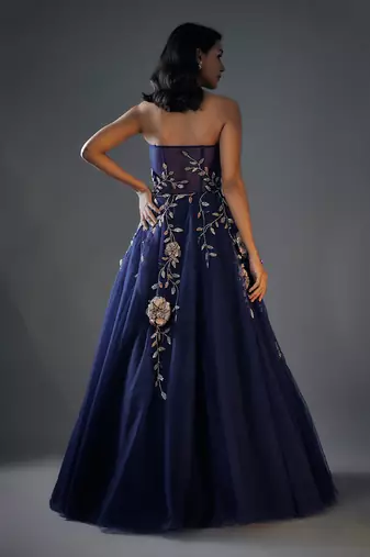 Navy blue 3d embroidered gown