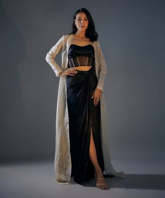 Black embroidered corset with draped skirt set 1