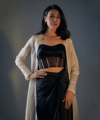 Black embroidered corset with draped skirt set 2