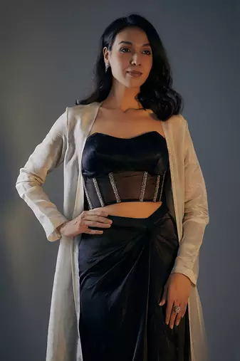 Black embroidered corset with draped skirt set