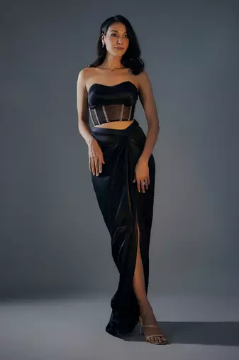 Black embroidered corset with draped skirt set