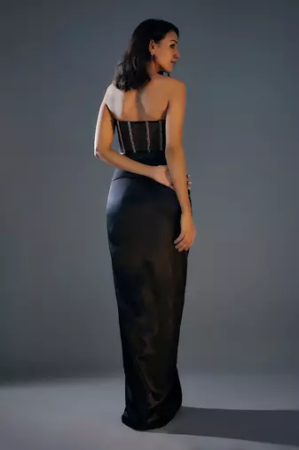 Black embroidered corset with draped skirt set