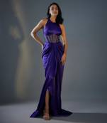 Blue haulter neck embroidered corset gown