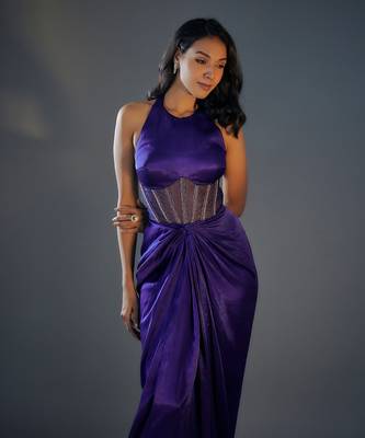 Blue haulter neck embroidered corset gown 2