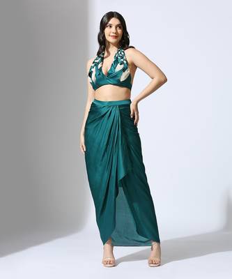 Teal green halter neck blouse with skirt 1