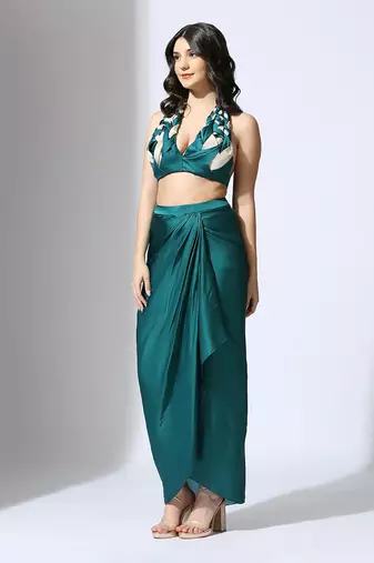 Teal green halter neck blouse with skirt