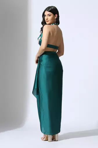 Teal green halter neck blouse with skirt