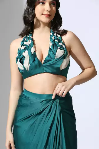 Teal green halter neck blouse with skirt