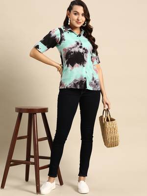 Women Grey Rayon Tie Dyed  Shirt Type Short Top 1