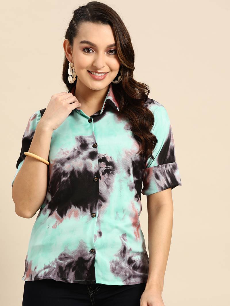 Women Grey Rayon Tie Dyed  Shirt Type Short Top