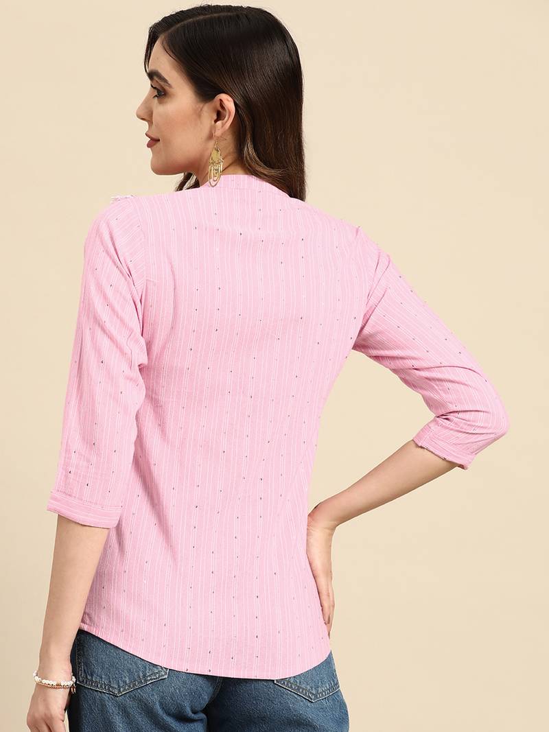 Women Pink Poly Cotton Striped A-Line Short Top