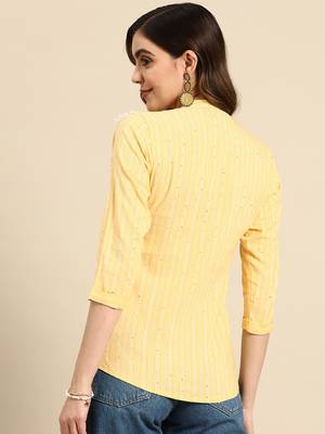 Women Yellow Poly Cotton Striped A-Line Short Top 2
